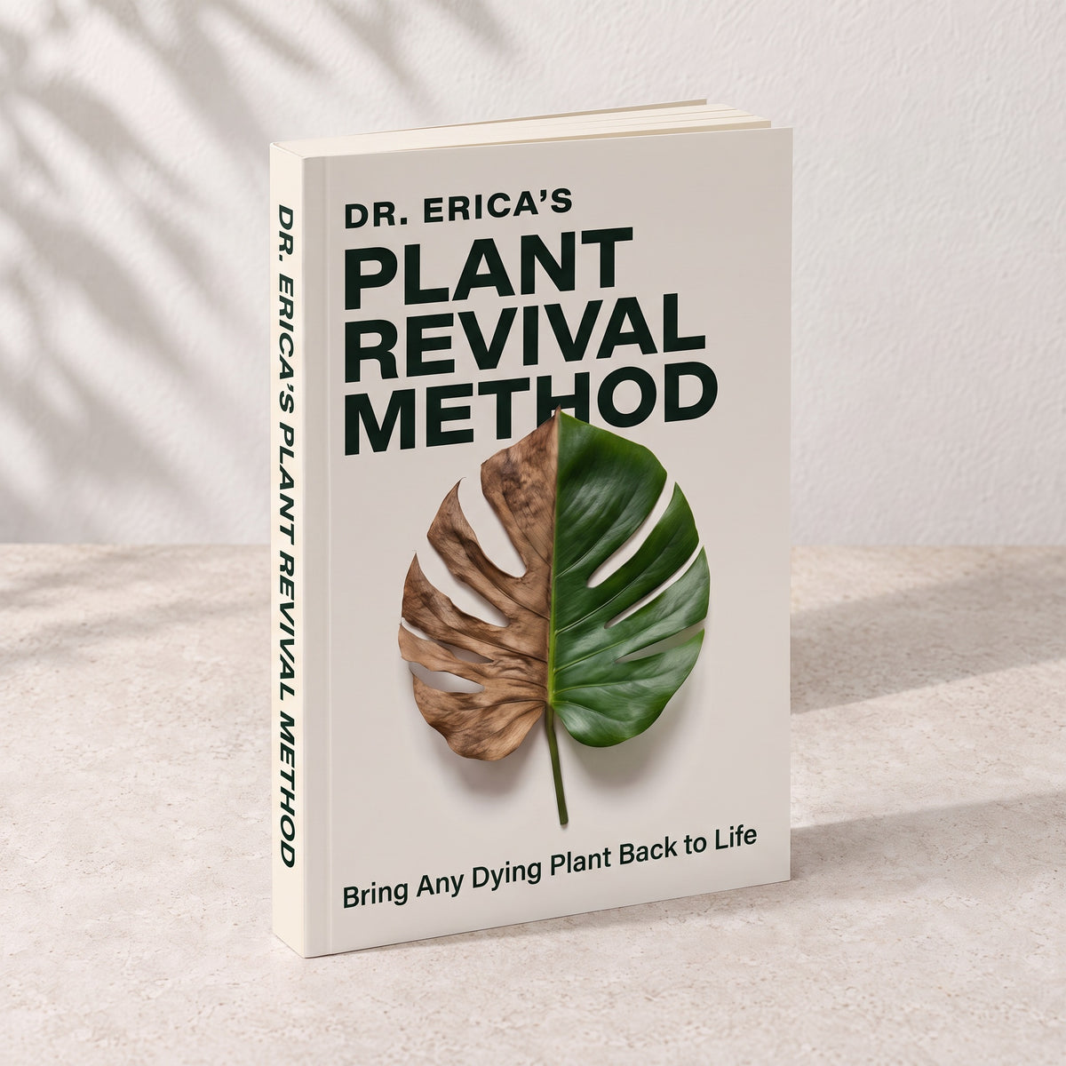 The book Dr. Erica’s Plant Revival Method. Its cover shows a monstera leaf that is dry on one half and green on the other
