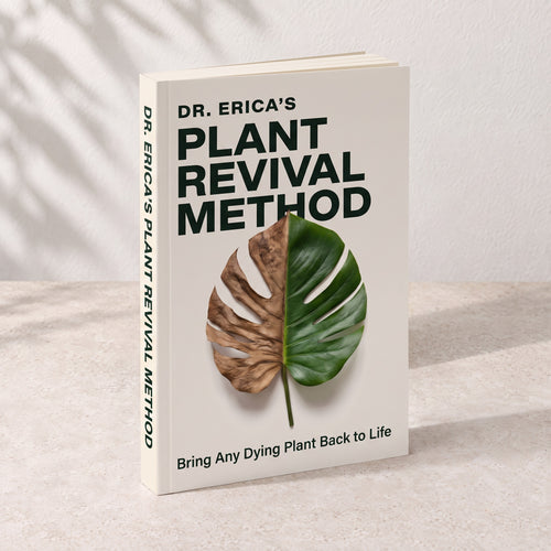 The book Dr. Erica’s Plant Revival Method. Its cover shows a monstera leaf that is dry on one half and green on the other