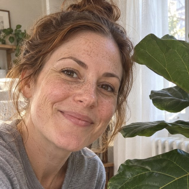 Selfie of Rachel K. next to a fiddle leaf fig with Ellaise in its pot.