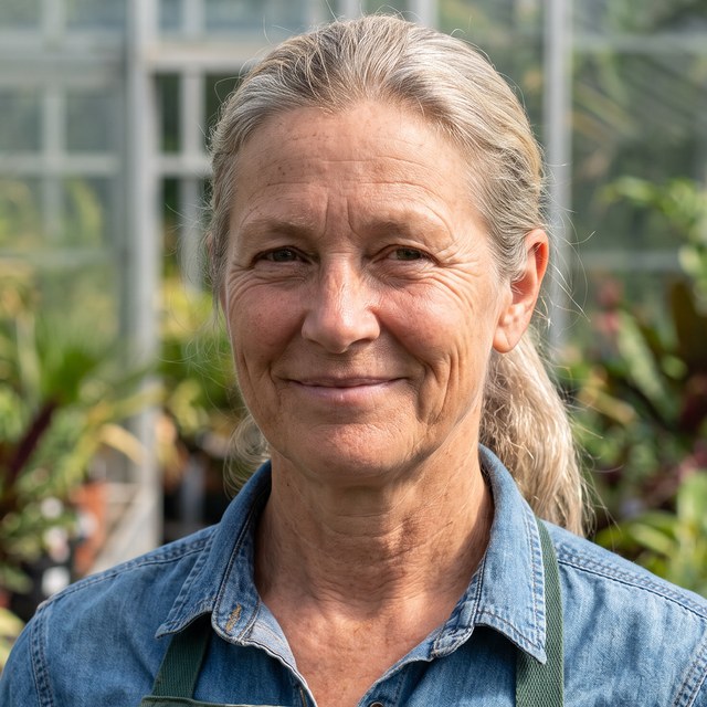 Headshot of Margaret Holloway. Woman in her 50s in a greenhouse, green work apron.