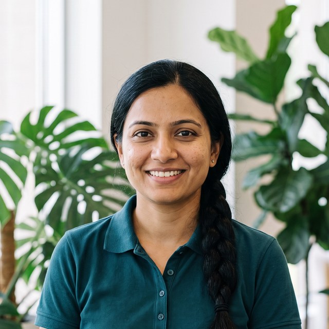 Headshot of Priya Nair. Woman in her 30s in an office lobby with large plants.