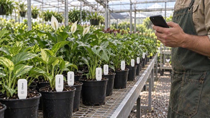 Greenhouse bench with rows of potted plants, an Ellaise sensor standing in each pot. A grower in a green apron holds a phone.