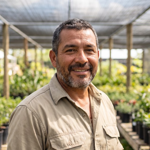 Headshot of Daniel Reyes. Man in his 40s between nursery benches, work shirt.