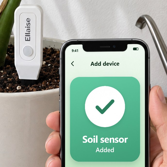 A hand holds a phone next to Ellaise in the pot of a monstera. The app shows that the soil sensor is added.