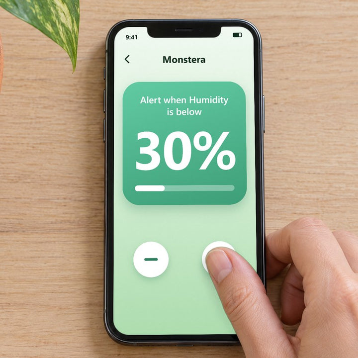 A thumb sets the level to 30% in the app on a phone.